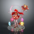 Red Haired Female Character With Magical Staff And Fantasy Creature In Magic Circle