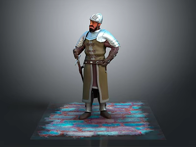 Medieval Warrior in White Turban and Plate Armor With Dagger and Creature Pattern Base 3d model