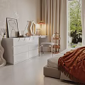 Modern Bedroom Interior Featuring Beige Bed Brown Blanket Round Mirror And Window Plant