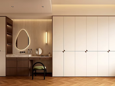 Modern White Wardrobe Interior With Wooden Floor And Vanity Table Mirror 3d model