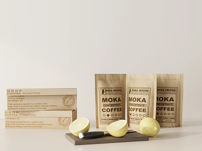 Decorative Ornament Set with Moka Coffee Bags Cardboard Boxes Lemons and Wooden Tray 3d model