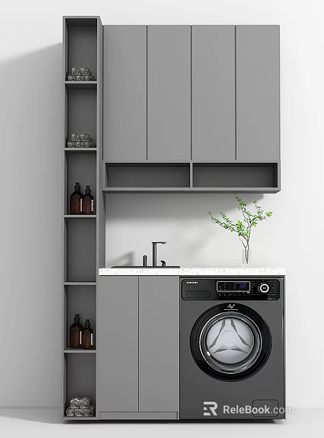 Gray Bathroom Cabinet Rack With Washing Machine Marble Countertop Faucet And Green Plant 3d model 