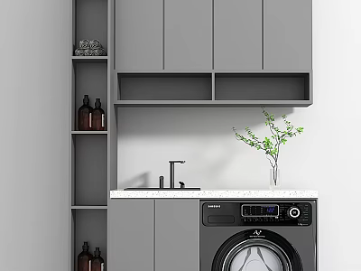 Gray Bathroom Cabinet Rack With Washing Machine Marble Countertop Faucet And Green Plant 3d model