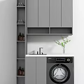 Gray Bathroom Cabinet Rack With Washing Machine Marble Countertop Faucet And Green Plant
