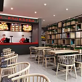 Modern Dessert Shop Interior With Red Uniform Staff Counter Tables Chairs And Green Plant Shelves