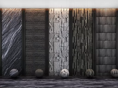 Modern Interior Background Wall Design With Various Textured Materials And Decorative Spheres 3d model