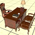 Vintage Wooden Desk with Leather Office Chair Table Lamp and Stack of Books