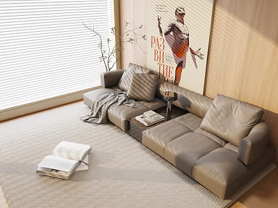 Gray Leather Multi Person Sofa In Modern Living Room With Throw Pillow And Coffee Table 3d model