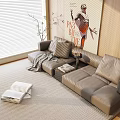 Gray Leather Multi Person Sofa In Modern Living Room With Throw Pillow And Coffee Table