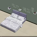 Double Bed Interior With Light Green Walls Purple Pillows Patterned Quilt And Wall Shelves