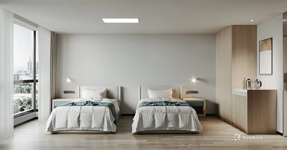 Modern Hotel Guest Room With Twin Beds Bedside Lamps And Wooden Flooring 3d model 