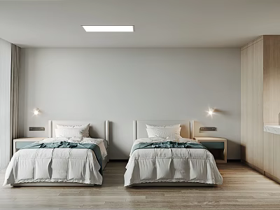 Modern Hotel Guest Room With Twin Beds Bedside Lamps And Wooden Flooring 3d model
