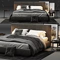 Modern Double Bed Interior With Gray Headboard Pillows Throw Blanket And Nightstand