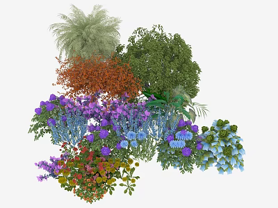 Colorful Flowers and Plants Collection With Purple Blue Orange and Green Foliage 3d model