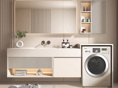 Modern Minimalist Bathroom Cabinet With Mirror Sink Faucet And Washing Machine 3d model