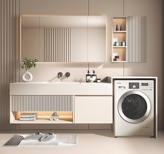 Modern Washing Machine Cabinet Cream Bathroom Cabinet Wash Desk 3d model