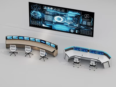 Modern Control Desk With Curved Design Multiple Monitors And Office Chairs 3d model