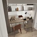 Modern Study Room Interior With Wooden Desk Two Chairs Bookshelf Table Lamp And Decorative Figurines