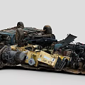 Old Scrap Car Wreckage Pile With Broken Mechanical Parts And Junk Machinery