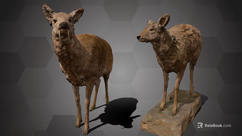 Two Stone Deer Sculptures With Lifelike Details And Different Standing Poses 3d model 