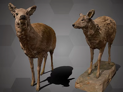 Two Stone Deer Sculptures With Lifelike Details And Different Standing Poses 3d model