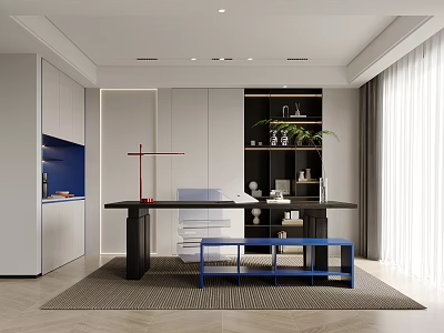 Modern Study Room With Desk Benches And Bookcase 3d model