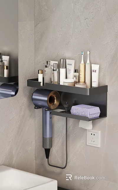 Bathroom Wall Mounted Shelf With Skincare Items Hair Dryer And Toiletries Organizer 3d model 