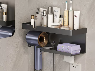 Bathroom Wall Mounted Shelf With Skincare Items Hair Dryer And Toiletries Organizer 3d model