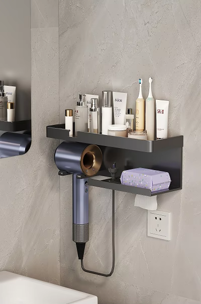 Bathroom Wall Mounted Shelf With Skincare Items Hair Dryer And Toiletries Organizer 3d model