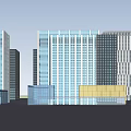 Modern Office Buildings With Glass Curtain Walls Plaza Pedestrians Vehicles Under Blue Sky