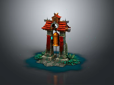 Traditional Chinese Architectural Structure With Red Tiled Roof Golden Bell Green Plants And Water Base 3d model
