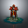Traditional Chinese Architectural Structure With Red Tiled Roof Golden Bell Green Plants And Water Base