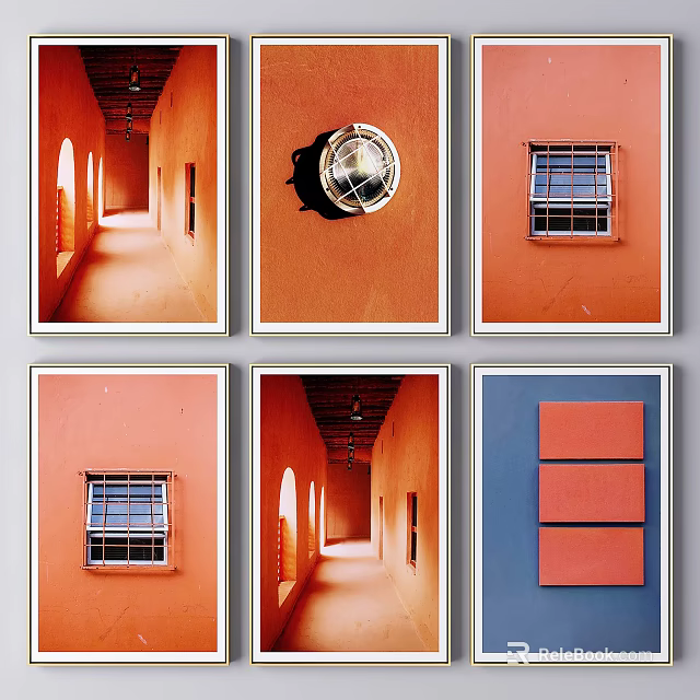 Orange Wall Decor With Corridors Windows Light Fixtures And Blue Panel 3d model