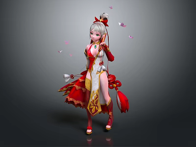 Elegant Female Character In Red White Traditional Costume With Pink Petals Floating And Staff 3d model