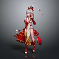 Elegant Female Character In Red White Traditional Costume With Pink Petals Floating And Staff