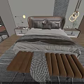 Modern Double Bed with Headboard Pillows Bedspread Nightstands Table Lamps Bench and Rug