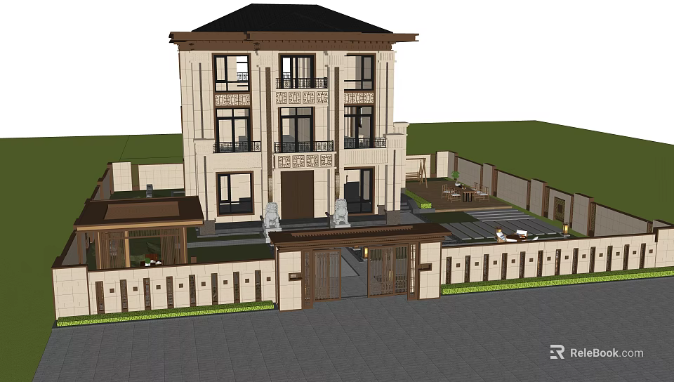 Modern Chinese Style Detached Villa With Courtyard Porch And Fence Exterior Design 3d model 