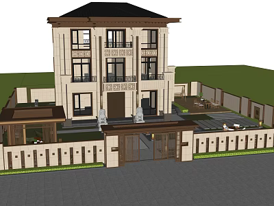 Modern Chinese Style Detached Villa With Courtyard Porch And Fence Exterior Design 3d model
