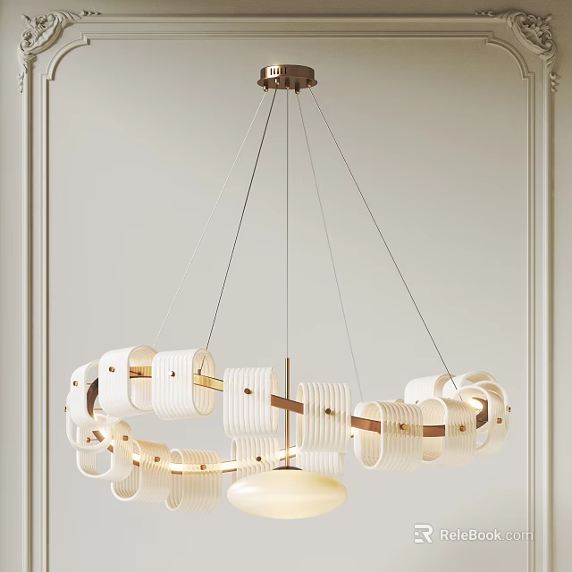 Modern Circular Chandelier With White Striped Rings And Wooden Accents Hanging In Room 3d model 