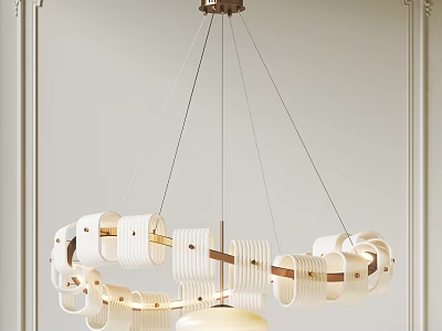 Modern Circular Chandelier With White Striped Rings And Wooden Accents Hanging In Room 3d model