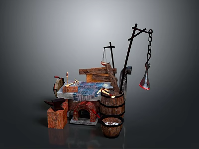 Ancient Blacksmith Workshop Scene With Furnace Anvil Wooden Barrel Iron Chain And Tools 3d model