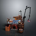 Ancient Blacksmith Workshop Scene With Furnace Anvil Wooden Barrel Iron Chain And Tools