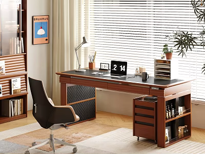 Wooden Desk In Home Office With Table Lamp Clock Stationery And Potted Plant 3d model