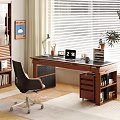 Wooden Desk In Home Office With Table Lamp Clock Stationery And Potted Plant
