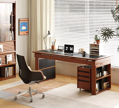 Wooden Desk In Home Office With Table Lamp Clock Stationery And Potted Plant 3d model
