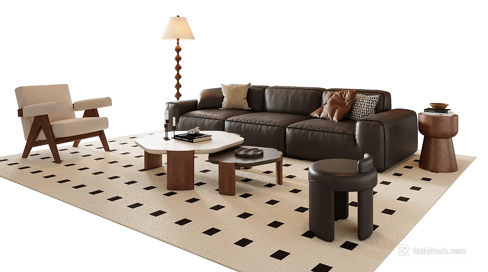 Black Leather Sofa Coffee Table Set With Throw Pillows On Black White Checkered Rug 3d model