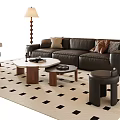 Black Leather Sofa Coffee Table Set With Throw Pillows On Black White Checkered Rug 3d model