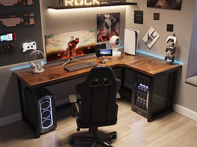 Ergonomic Gaming Desk And Chair With L Shaped Wooden Design Neon Light Decor And Accessories 3d model