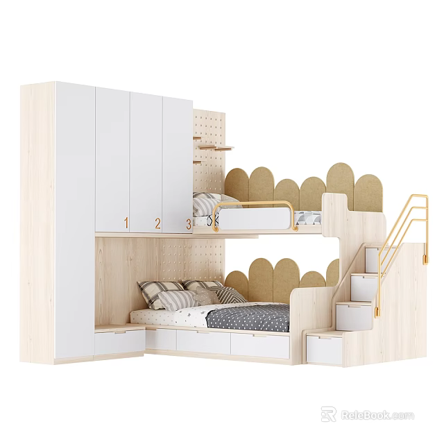 Modern Bunk Bed With Storage Staircase Curved Headboards And Wardrobe Cabinets 3d model 