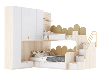 Modern Bunk Bed With Storage Staircase Curved Headboards And Wardrobe Cabinets 3d model